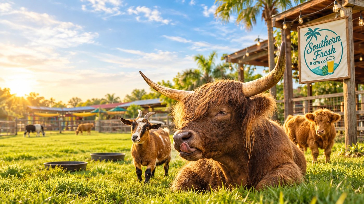 Southern Fresh Farms in Fort Myers — the farm, the brewery, and the animals you'll walk past on the way in